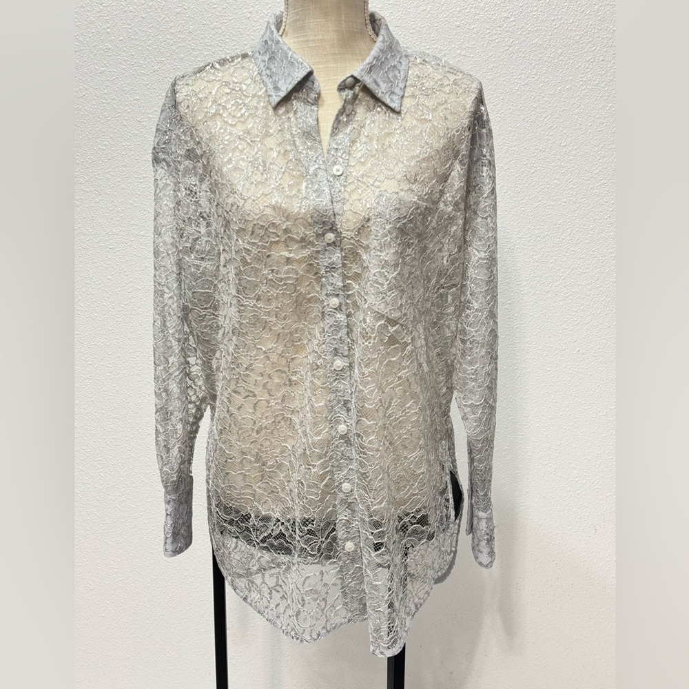 Anthropologie Silver Metallic Lace Button Down Shirt Long Sleeve Oversized Small